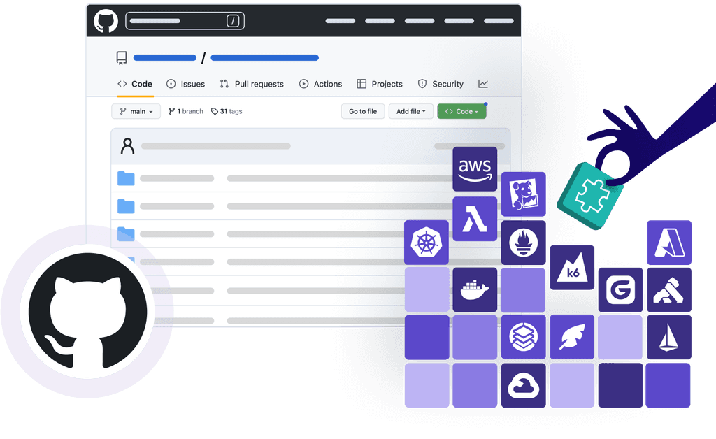Illustration of a GitHub repository interface with integrations such as AWS, Kubernetes, Datadog, Prometheus, Docker, and Azure. A hand is shown placing a puzzle piece, symbolizing the integration of these tools into the repository or project workflow.