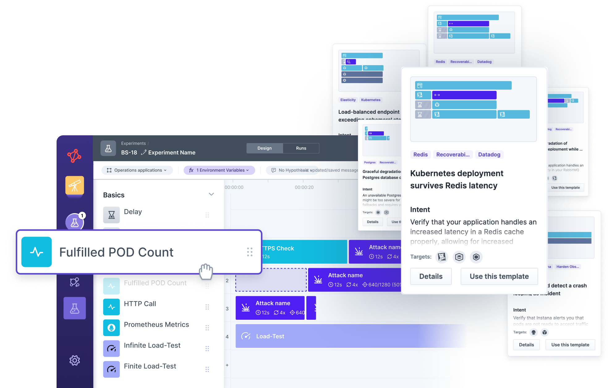 Screenshot of Steadybit's experiment dashboard, featuring experiment configuration with metrics like 'Fulfilled POD Count,' HTTP calls, and Redis latency tests. Various templates and system configurations are shown for Kubernetes deployments.