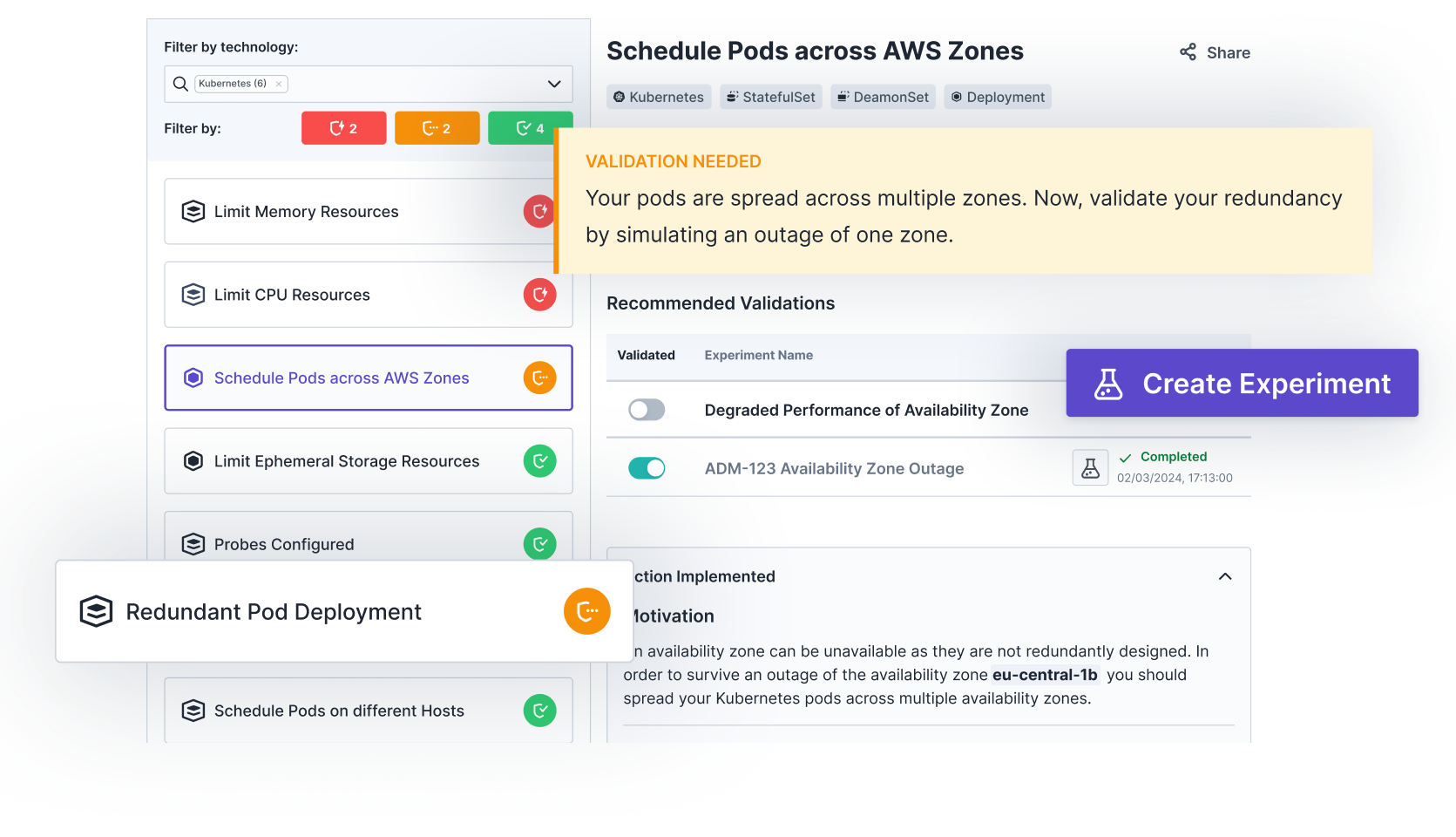 Screenshot showing a validation screen for scheduling Kubernetes pods across AWS Zones. The interface highlights recommendations for redundancy, including simulating an outage of a zone and checking pod deployment across multiple zones. Validation actions and experiment creation options are also shown.