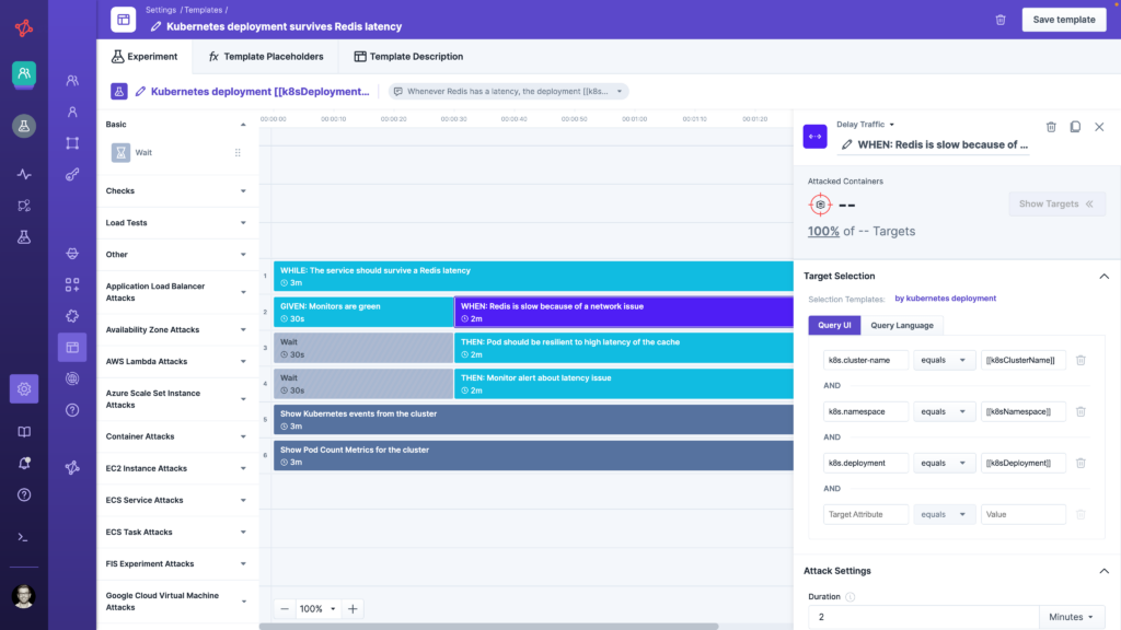 Steadybit interface displaying experiment configuration steps for testing Redis latency in Kubernetes deployment