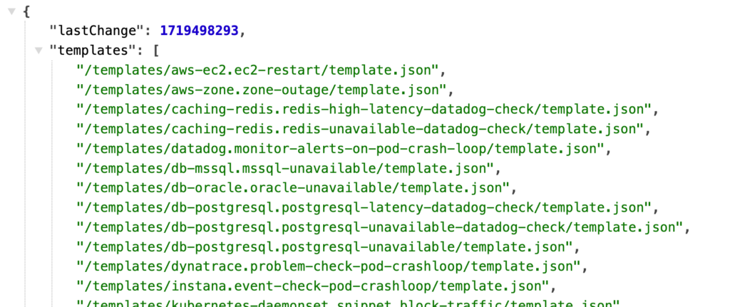 Code snippet showing template files and their paths for various scenarios including AWS, Redis, and PostgreSQL.