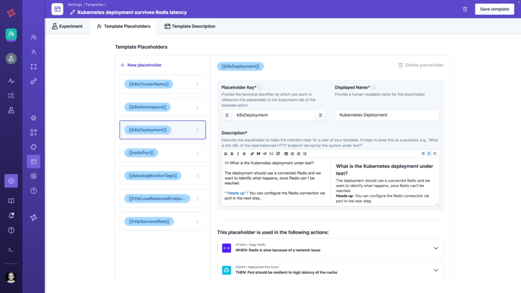 Template placeholders screen on Steadybit, highlighting variables for Kubernetes deployments and Redis configurations.