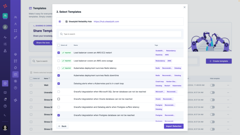 Steadybit interface displaying template selection options for Kubernetes deployment and database alert scenarios.