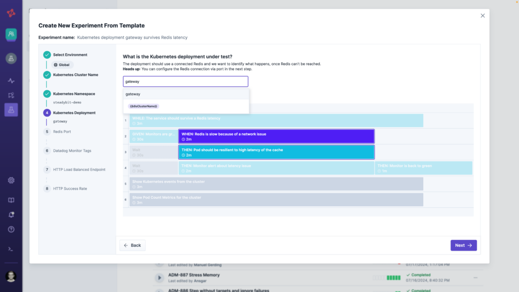 Steadybit interface showing the process to create a new experiment from a template, focused on a Kubernetes deployment with Redis latency.