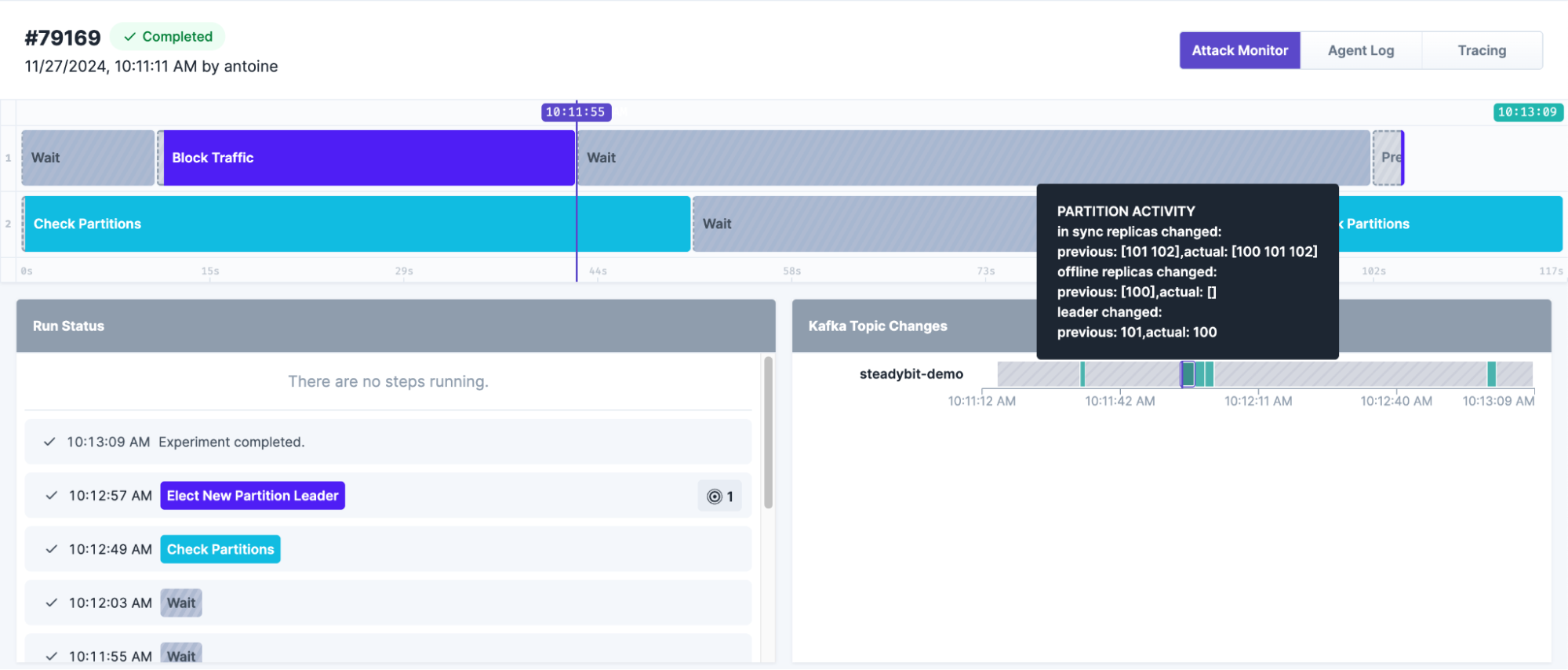 Steadybit experiment showing steps to block traffic and monitor Kafka partition activity, highlighting replica changes and leader updates in a timeline view.