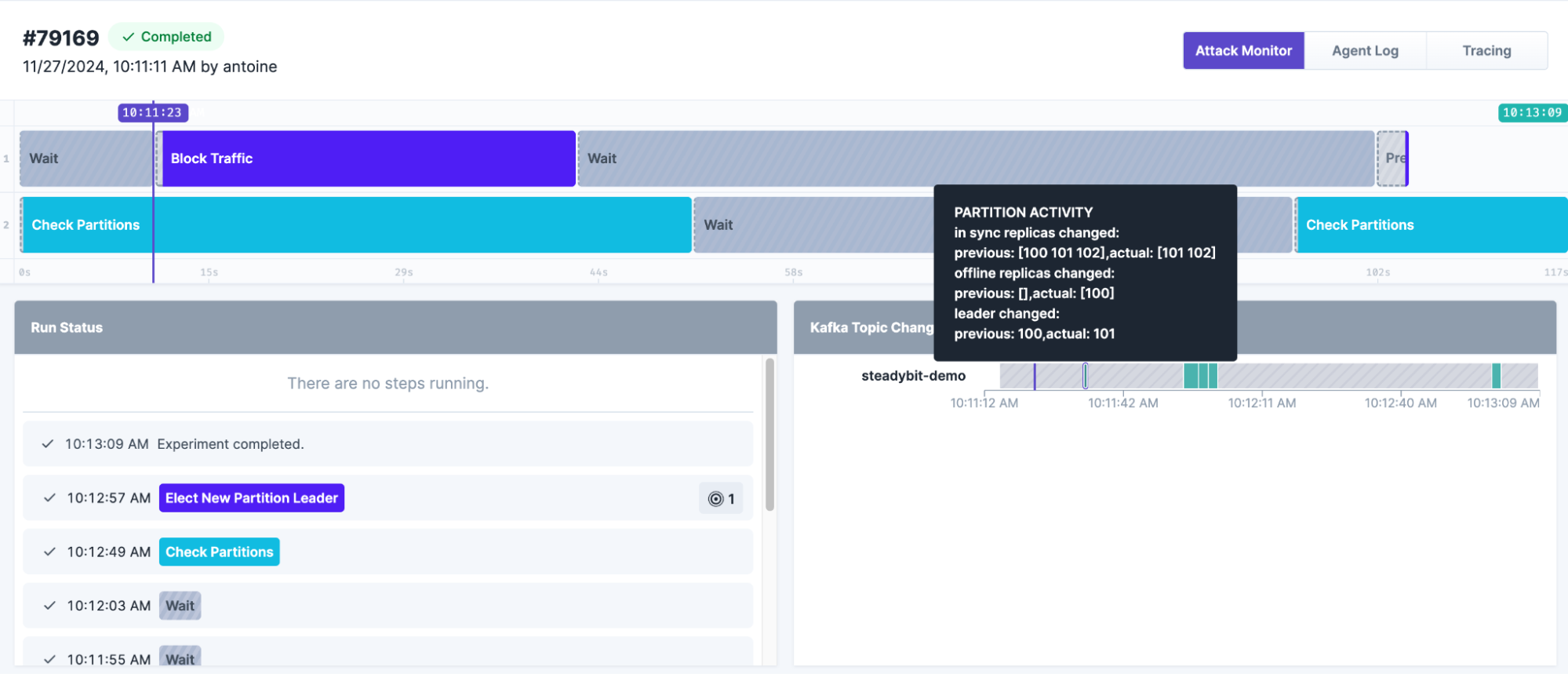 Zoomed-in view of Kafka partition activity in Steadybit, displaying replica changes and leader updates during an experiment.