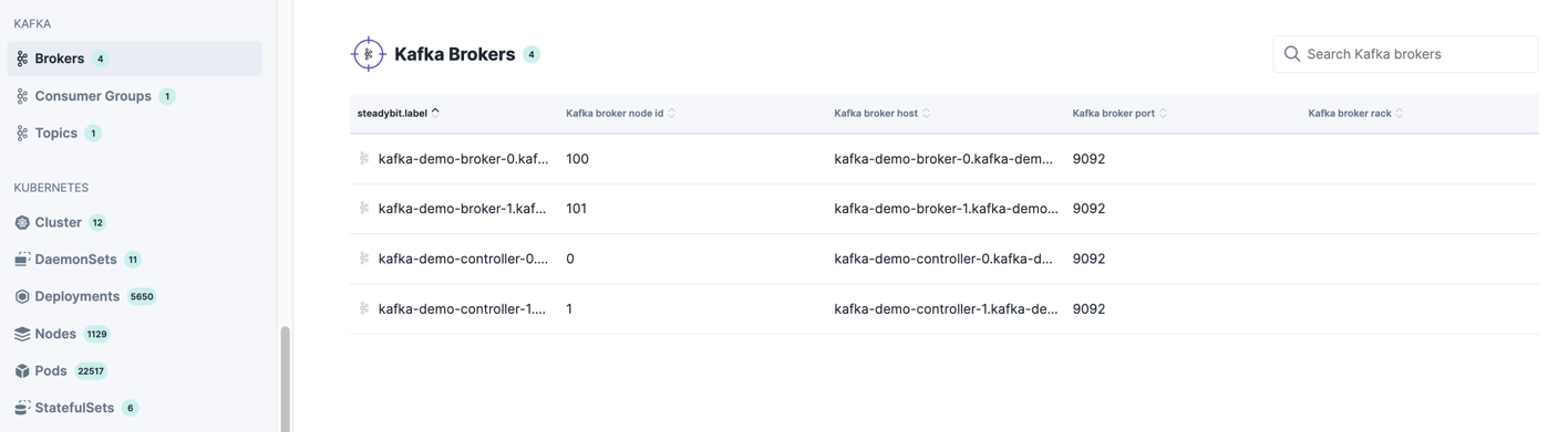 Steadybit interface displaying a list of Kafka brokers with their node IDs, host information, and port details for monitoring and experimentation.