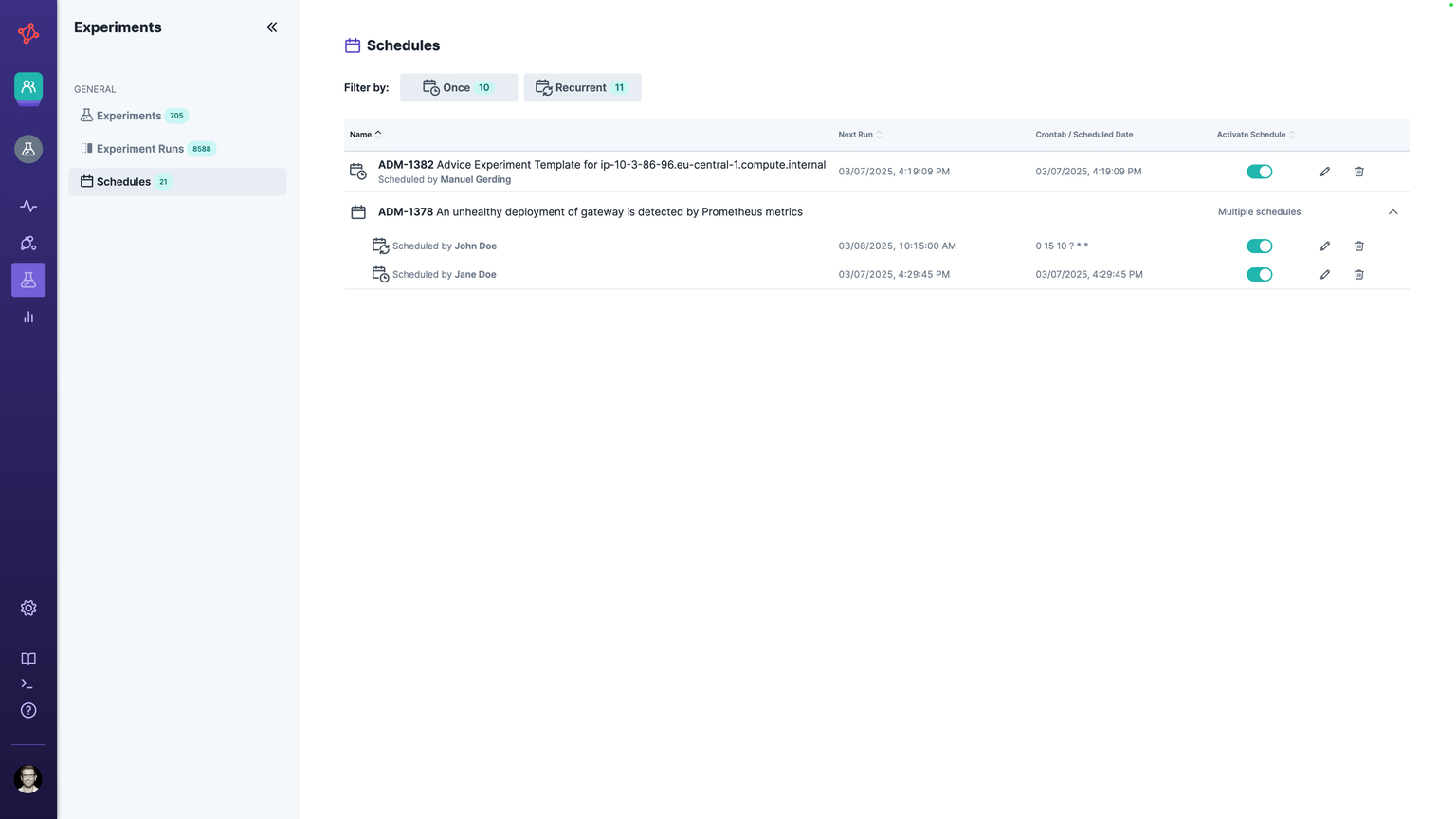viewing experiment schedules